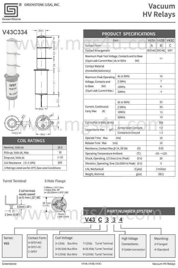 Greenstone V43C334 Vacuum Relay Spec and Data Sheet - Max-Gain Systems, Inc