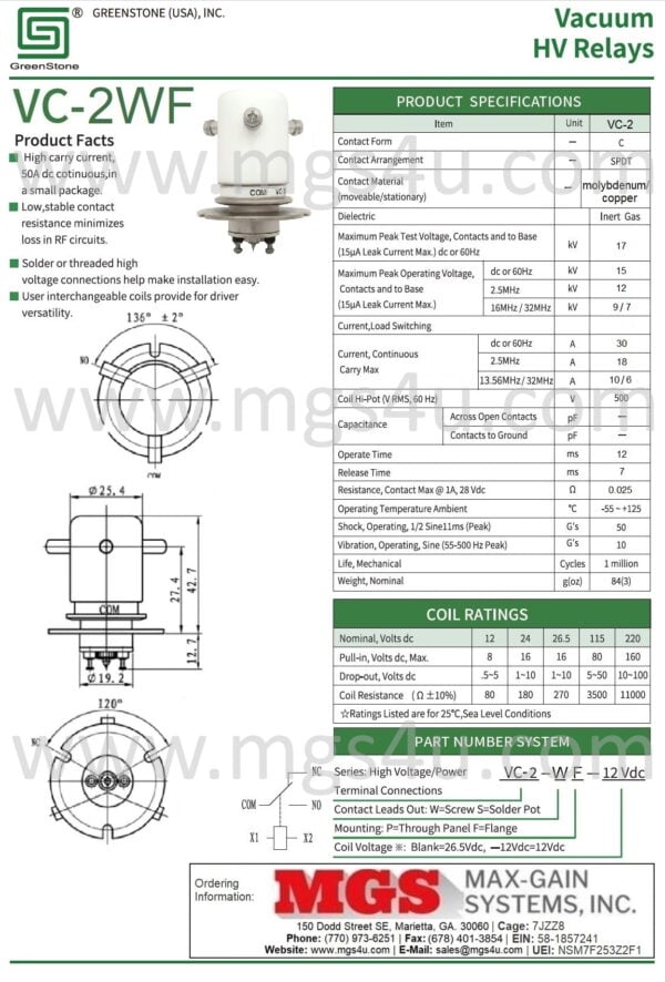 Greenstone VC-2WF Vacuum Relay Spec and Data Sheet - Max-Gain Systems, Inc