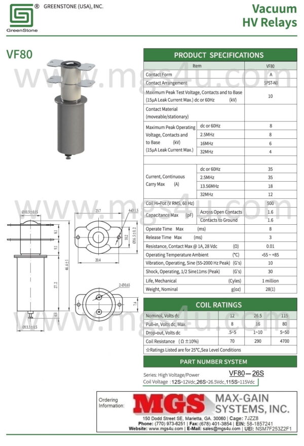 Greenstone VF80 Vacuum Relay Spec and Data Sheet - Max-Gain Systems, Inc