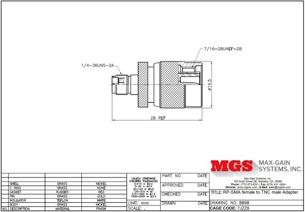 RP-SMA female to TNC male Adapter 8898 Drawing - Max-Gain Systems Inc