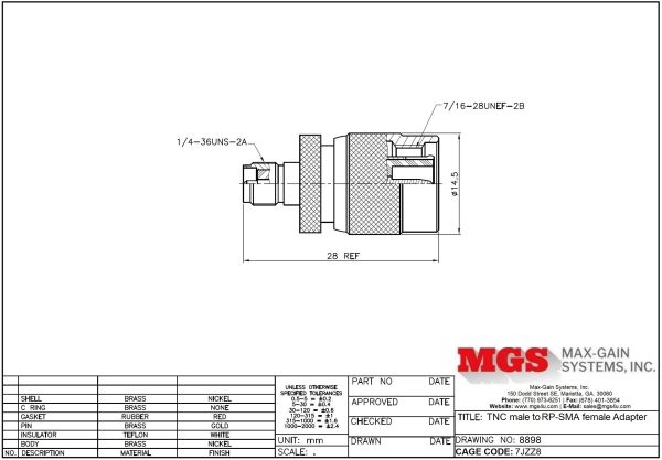 TNC male to RP-SMA female Adapter 8898 Drawing - Max-Gain Systems Inc