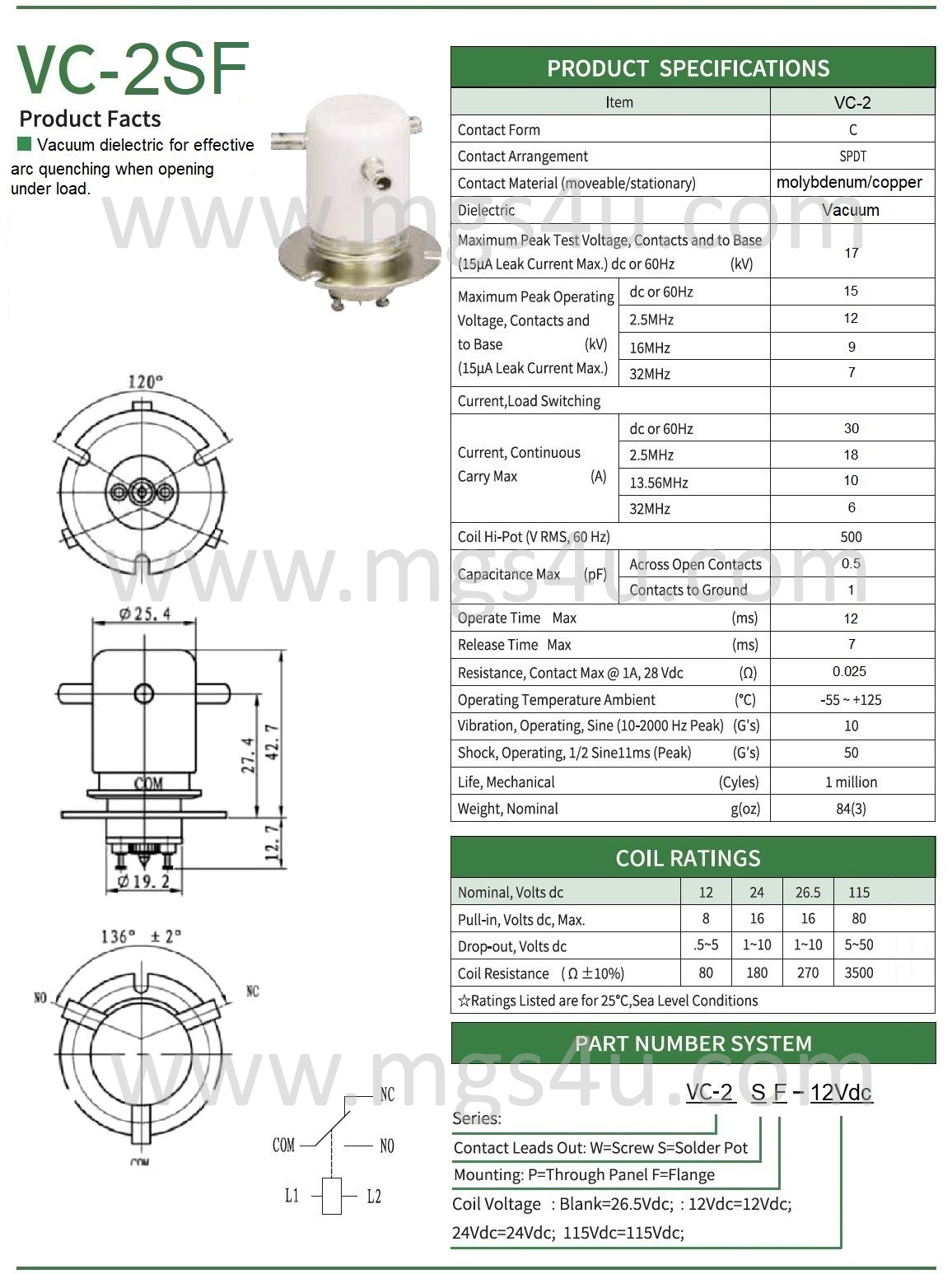 Greenstone VC-2SF Vacuum Relay Spec and Data Sheet - Max-Gain Systems, Inc.