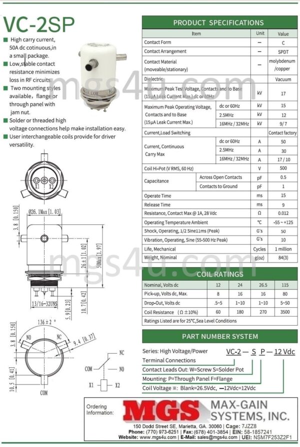 Greenstone VC-2SP Vacuum Relay Spec and Data Sheet - Max-Gain Systems, Inc.