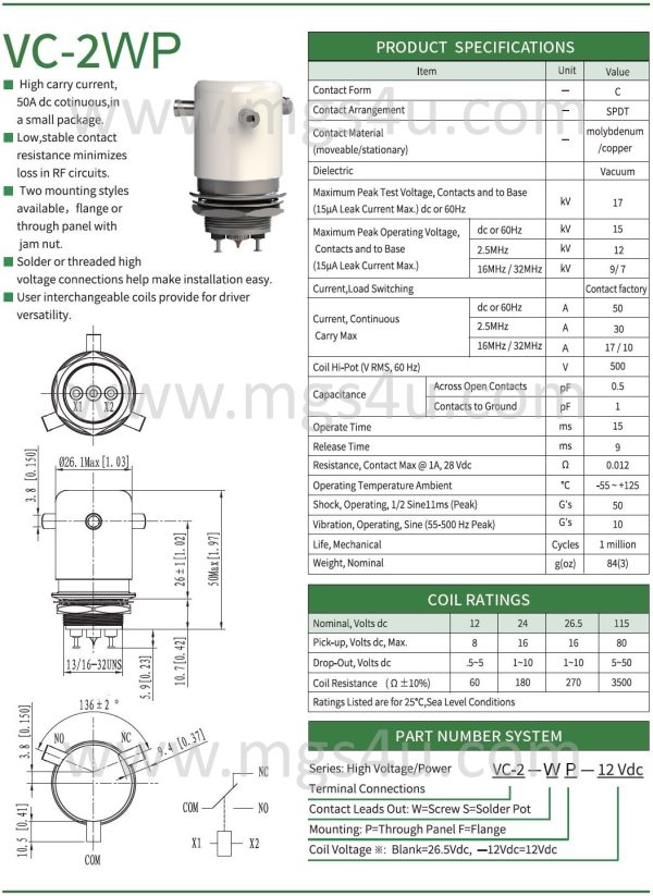 Greenstone VC-2WP Vacuum Relay Spec and Data Sheet - Max-Gain Systems, Inc.