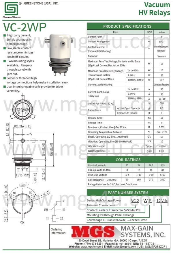 Greenstone VC-2WP Vacuum Relay Spec and Data Sheet - Max-Gain Systems, Inc.