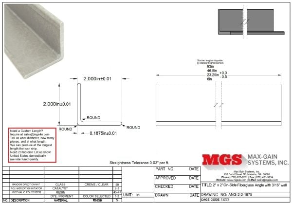 ANG-2-2-1875-Structural FRP Fiberglass Angle Drawing - Max-Gain Systems, Inc.