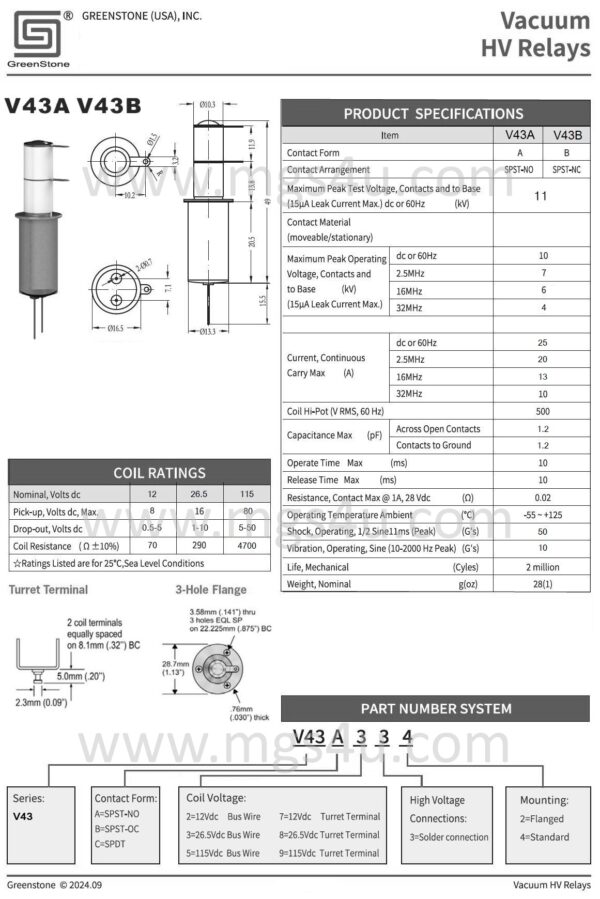 Greenstone V43A334 Vacuum Relay Spec and Data Sheet - Max-Gain Systems Inc