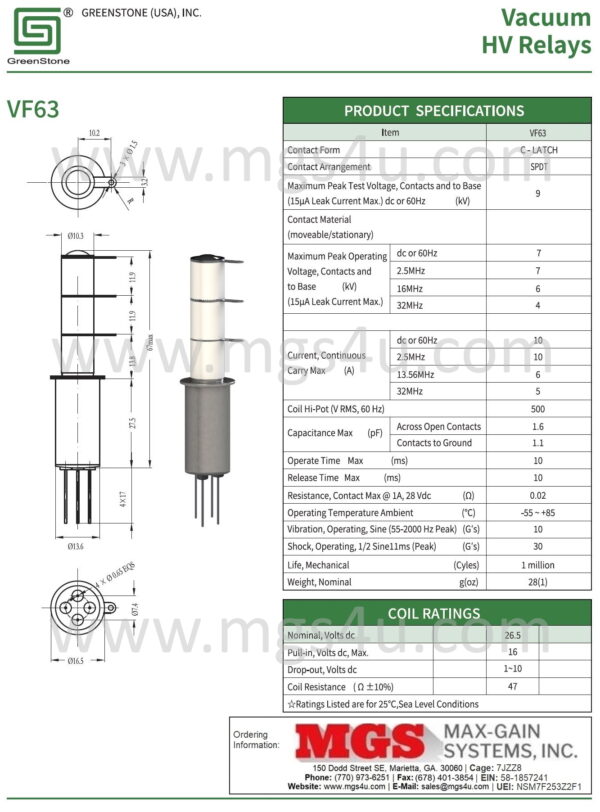 Greenstone VF63-26S Vacuum Relay Spec and Data Sheet MGS - Max-Gain Systems Inc