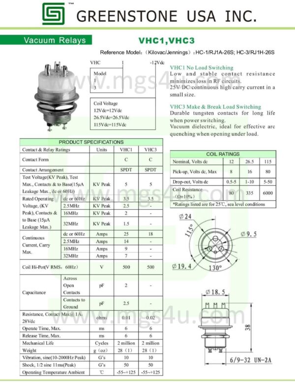 Greenstone VHC-3 NEW Vacuum Relay Spec and Data Sheet - Max-Gain Systems Inc