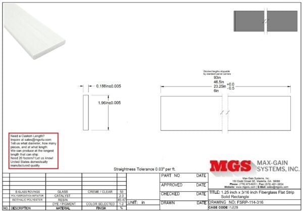 FSRP-114-316 1.25 inch x 0.1875 inch Fiberglass Flat Strip Solid Rectangle Drawing - Max-Gain Systems, Inc.