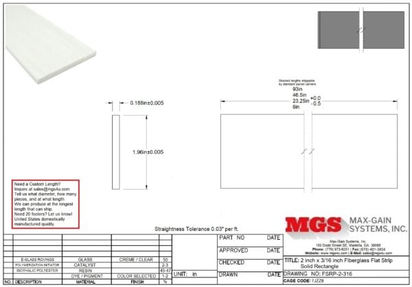 FSRP-2-316 2 inch x 0.1875 Fiberglass Flat Strip Solid Rectangle Drawing - Max-Gain Systems Inc