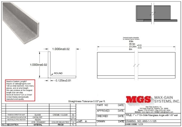 ANG-1-1-125 1x1 inch On-Side 0.125 Wall Structural FRP Fiberglass Angle Drawing - Max-Gain Systems, Inc.