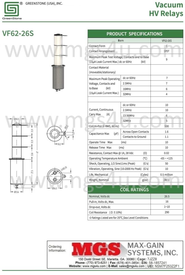Greenstone VF62-26S Vacuum Relay Spec and Data Sheet - Max-Gain Systems, Inc.