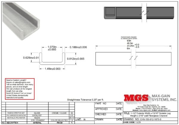CHN-150-812-1875-S 1.5 On-Side x 0.8125 On-Side x 0.1875 inch WALL Fiberglass Channel Drawing - Max-Gain Systems, Inc.