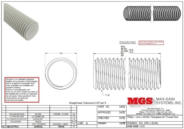 ATR-1-8UNC 1 inch x 8UNC Fiberglass All Thread Rod Drawing - Max-Gain Systems, Inc.
