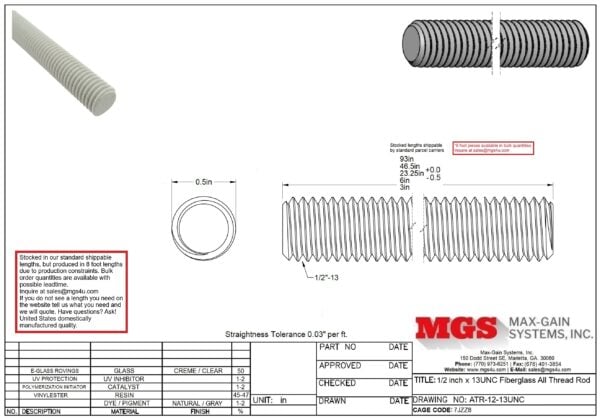 ATR-12-13UNC 0.50 inch x 13UNC Fiberglass All Thread Rod Drawing - Max-Gain Systems, Inc.