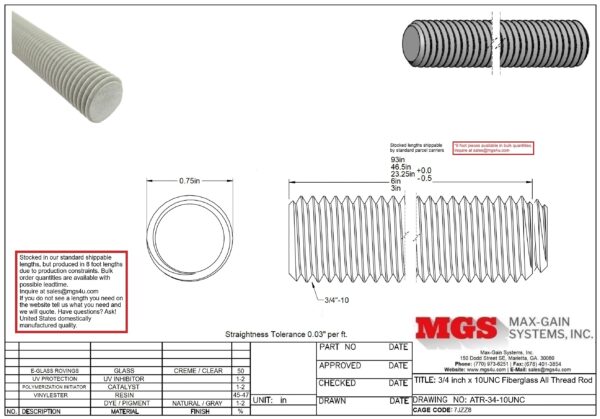 ATR-34-10UNC 0.75 inch x 10UNC Fiberglass All Thread Rod Drawing - Max-Gain Systems, Inc.