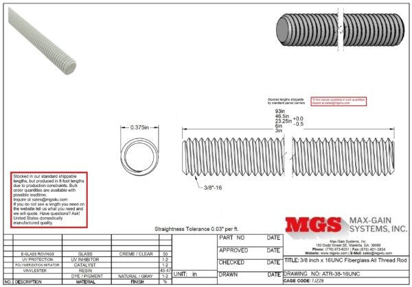 ATR-38-16UNC 0.375 inch x 16UNC Fiberglass All Thread Rod Drawing - Max-Gain Systems, Inc.