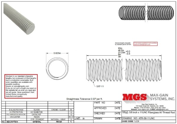 ATR-58-11UNC 0.625 inch x 11UNC Fiberglass All Thread Rod Drawing - Max-Gain Systems, Inc.