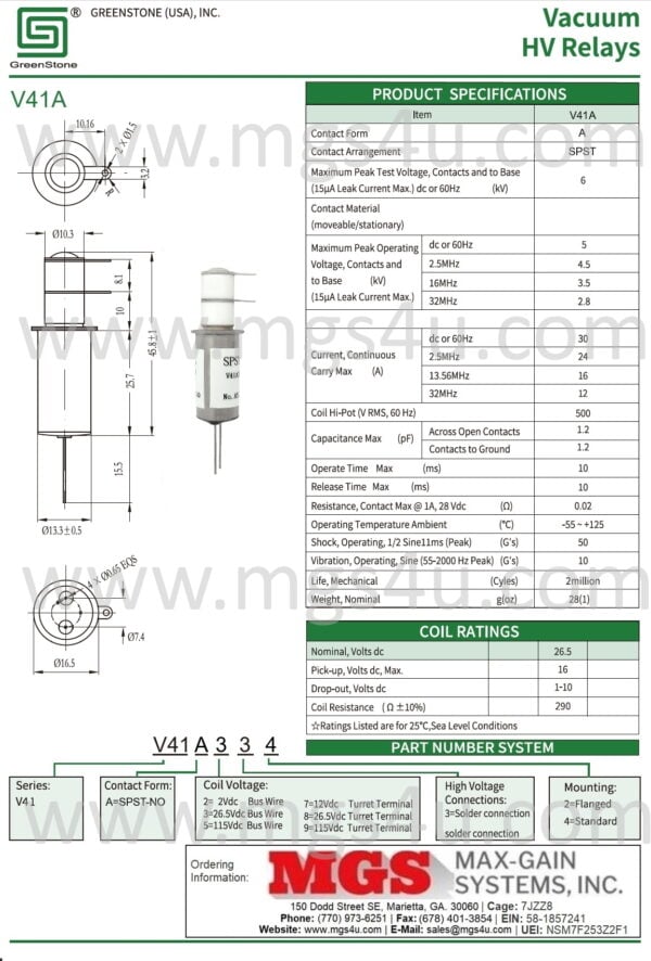 Greenstone V41A334 Vacuum Relay Spec and Data Sheet - Max-Gain Systems, Inc.