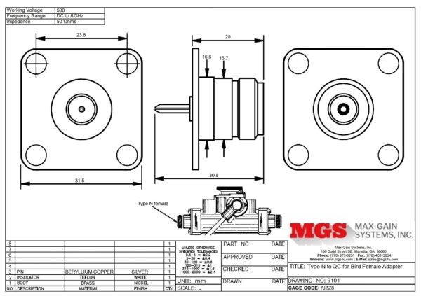 Type N female to QC for Bird Adapter 9101 Drawing - Max-Gain Systems Inc
