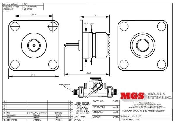 UHF female to QC for Bird Adapter 9100 Drawing - Max-Gain Systems Inc