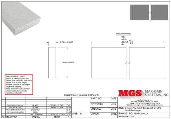 FSRP-2-HALF 2 inch x 0.50 Fiberglass Flat Strip Solid Rectangle Drawing - Max-Gain Systems Inc