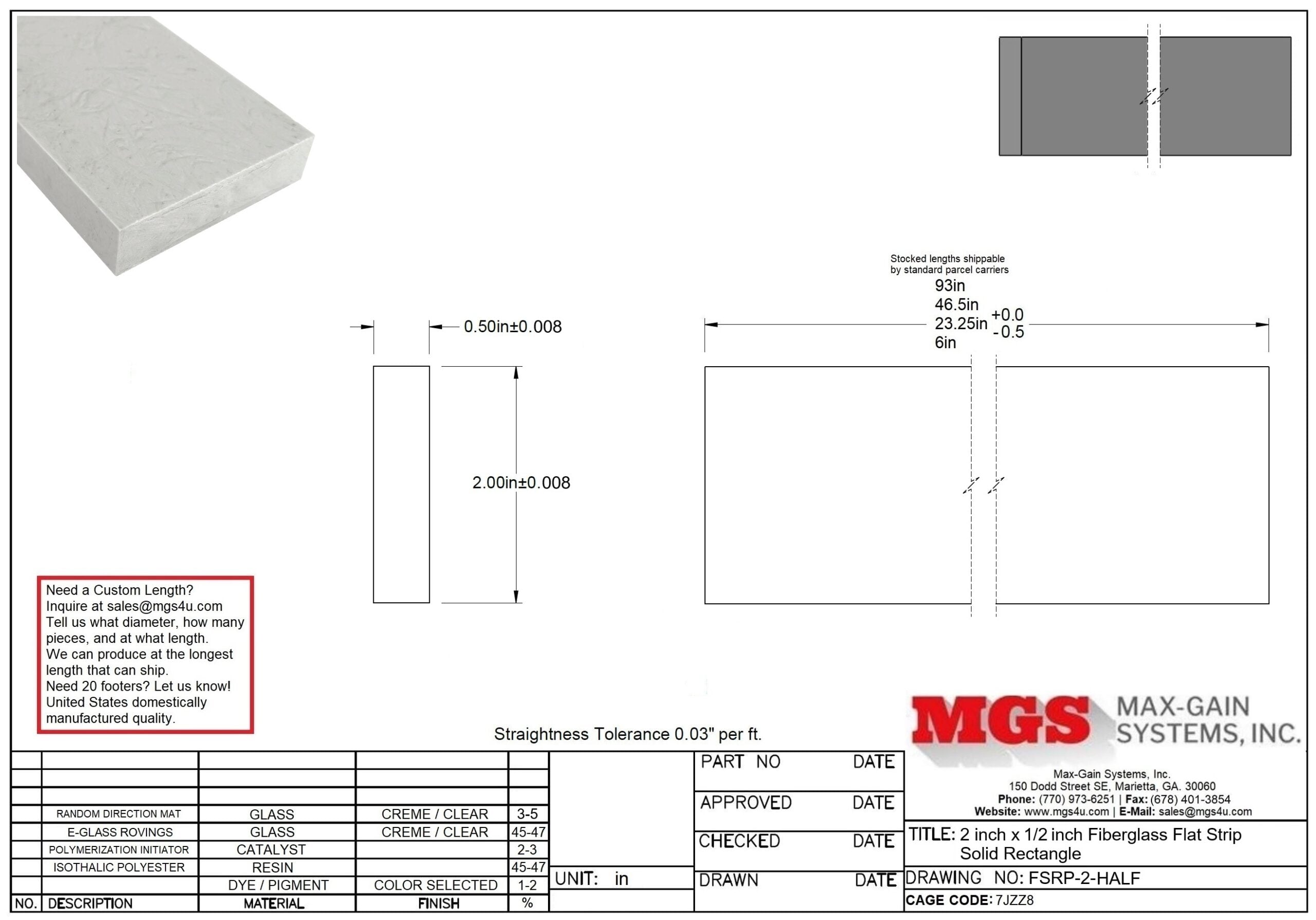 FSRP-2-HALF 2 inch x 0.50 Fiberglass Flat Strip Solid Rectangle Drawing - Max-Gain Systems Inc