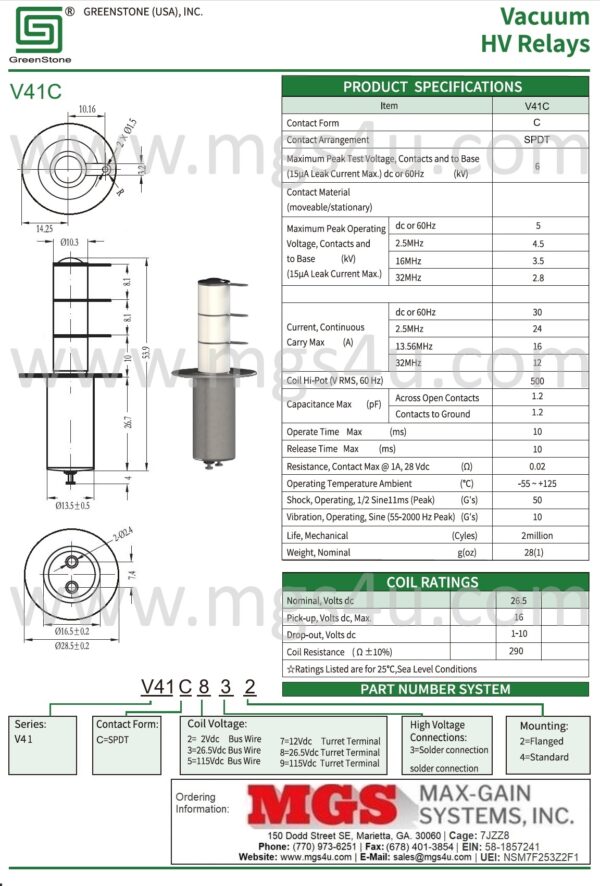 Greenstone V41C832 Vacuum Relay Spec and Data Sheet - Max-Gain Systems Inc