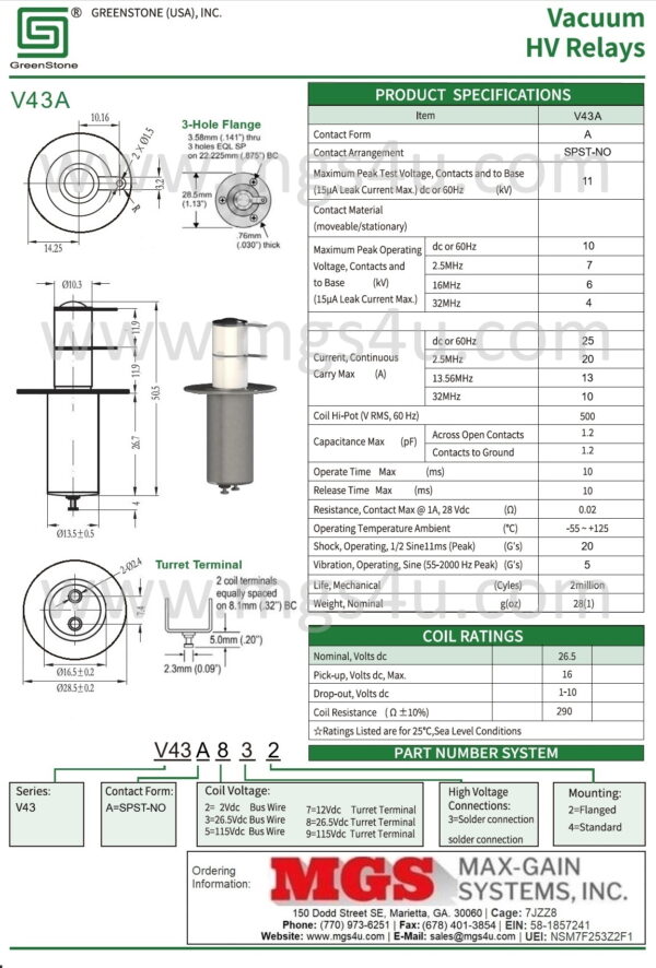 Greenstone V43A832 Vacuum Relay Spec and Data Sheet - Max-Gain Systems Inc