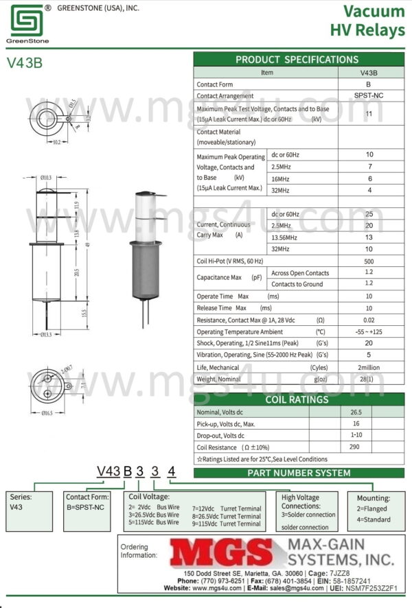 Greenstone V43B334 Vacuum Relay Spec and Data Sheet - Max-Gain Systems Inc