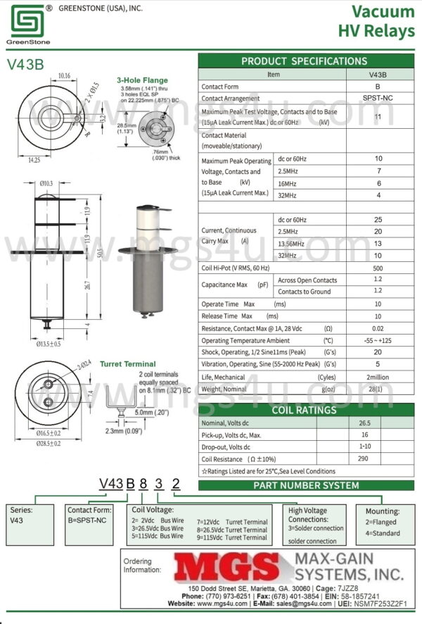 Greenstone V43B832 Vacuum Relay Spec and Data Sheet - Max-Gain Systems Inc