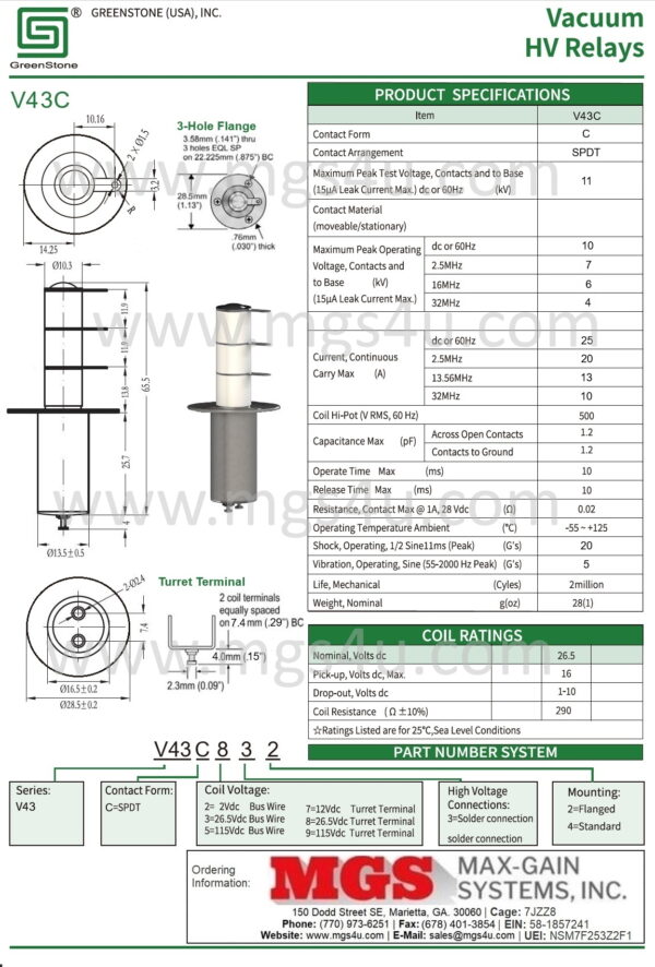 Greenstone V43C832 Vacuum Relay Spec and Data Sheet - Max-Gain Systems Inc