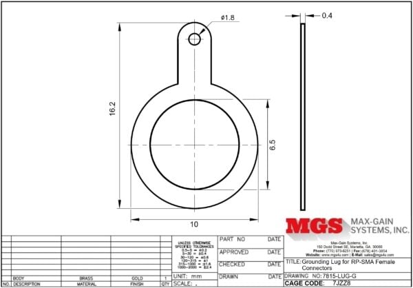 Grounding Lug for RP-SMA Female Connectors 7815-LUG-G Drawing - Max-Gain Systems Inc