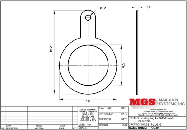 Grounding Lug for SMA Female Connectors 7815-LUG-G Drawing - Max-Gain Systems Inc