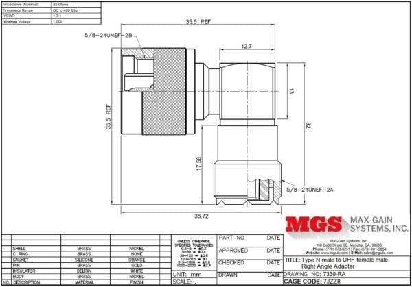 Type N male to UHF female Right Angle Adapter 7330-RA Drawing - Max-Gain Systems Inc