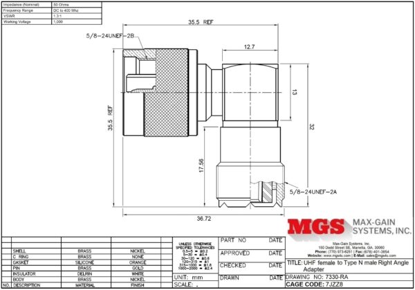 UHF female to Type N male Right Angle Adapter 7330-RA Drawing - Max-Gain Systems Inc