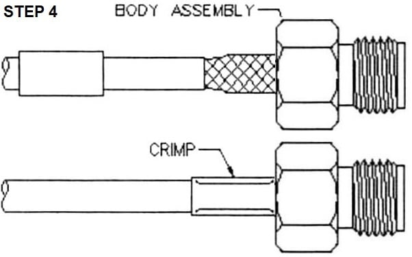 RP-SMA female Crimp Connector for RG-174, RG-316, LMR-100A, and other 0.110 Inch OD Coax 8896-RPSMA-174 Installation Guide step 4 - Max-Gain Systems, Inc.