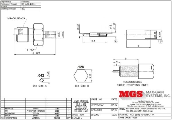 RP-SMA female Crimp Connector for RG-174, RG-316, LMR-100A, and other 0.110 Inch OD Coax 8896-RPSMA-174 drawing - Max-Gain Systems, Inc.