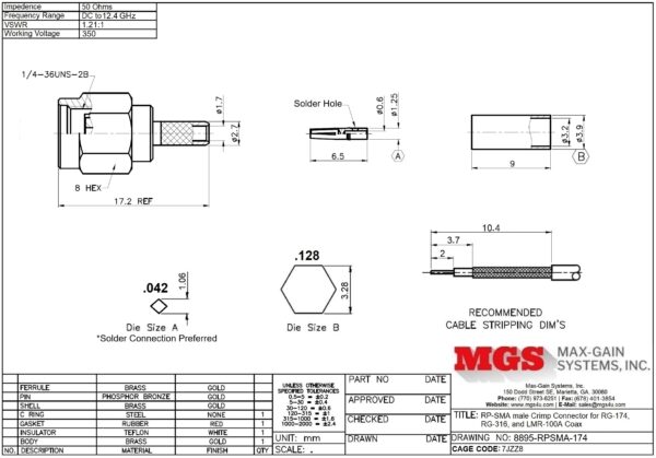 RP-SMA male Crimp Connector for RG-174, RG-316, LMR-100A, and other 0.110 Inch OD Coax 8895-RPSMA-174 drawing - Max-Gain Systems, Inc.