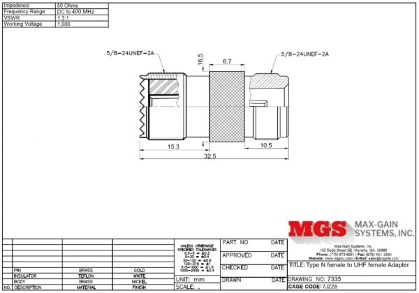Type N female to UHF female Adapter 7335 Drawing - Max-Gain Systems, Inc.