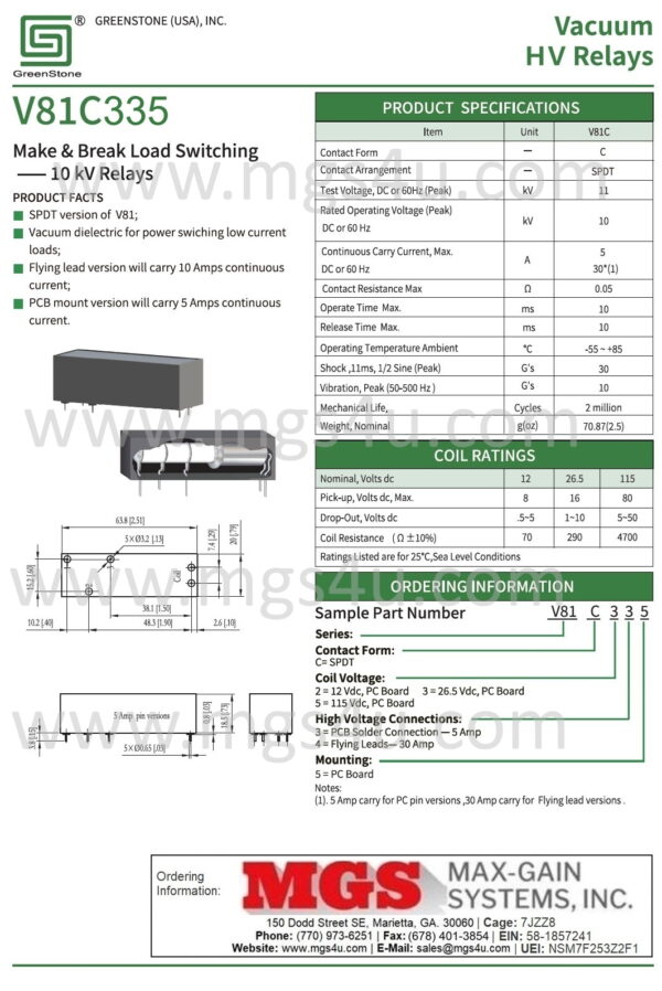Greenstone V81C335 Vacuum Relay Spec and Data Sheet - Max-Gain Systems, Inc.