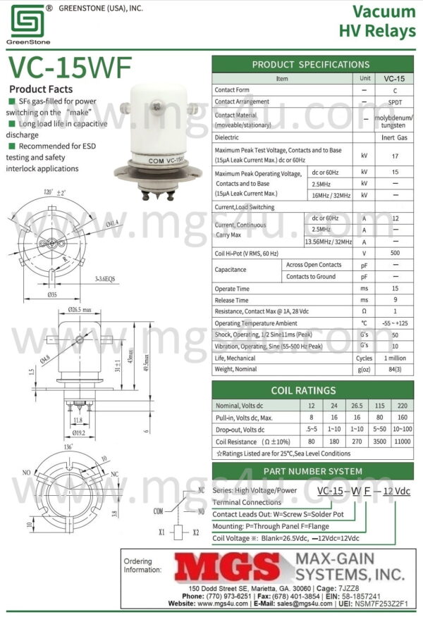 Greenstone VC-15WF Vacuum Relay Spec and Data Sheet - Max-Gain Systems, Inc.