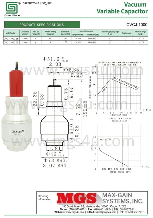 Greenstone CVCJ-1000-5S Vacuum Capacitor Spec and Data Sheet - Max-Gain Systems, Inc.