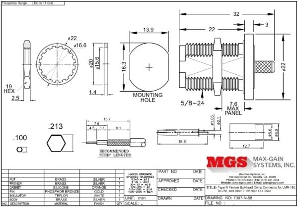 Type N Female Bulkhead Crimp Connector for RG-58, LMR-195 7307-N-58 Drawing - Max-Gain Systems, Inc.
