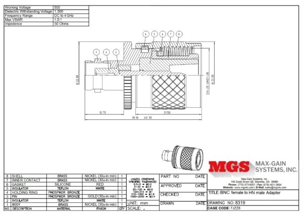 BNC female to HN male Adapter 8319 Drawing - Max-Gain Systems, Inc.