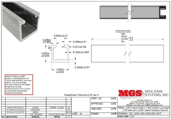 CHN-1625-1625-200-125-F 1.625 On-Side x 1.625 On-Side x 0.125 inch WALL x 0.200 base Fiberglass Channel Drawing - Max-Gain Systems, Inc.