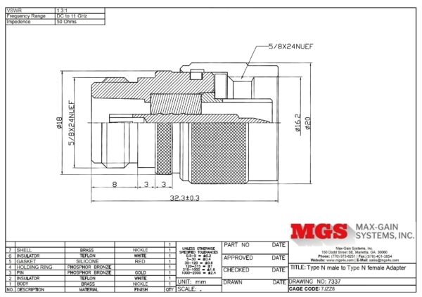 Type N male to Type N female Adapter 7337 Drawing - Max-Gain Systems, Inc.