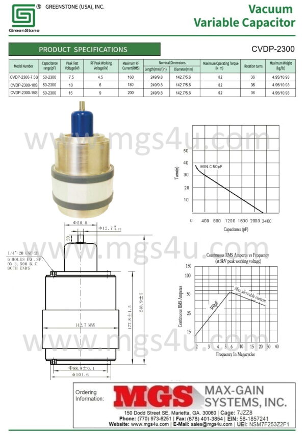 Greenstone CVDP-2300-15S Vacuum Capacitor Spec and Data Sheet - Max-Gain Systems, Inc.