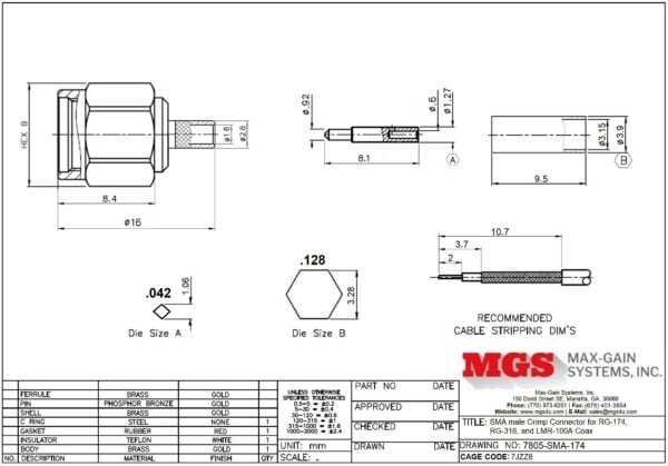 SMA male Crimp Connector for RG-174, RG-316, and LMR-100A Coax 7805-SMA-174 drawing - Max-Gain Systems Inc